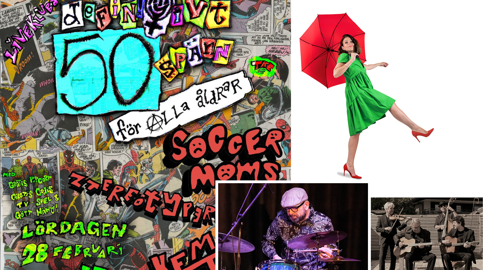 Bilden visar ett collage, jazzmusiker, kvinna med paraply